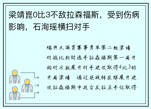 梁靖崑0比3不敌拉森福斯，受到伤病影响，石洵瑶横扫对手