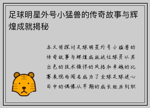 足球明星外号小猛兽的传奇故事与辉煌成就揭秘